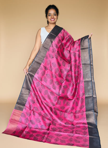 Magenta and Black Tussar Silk Saree with Prints