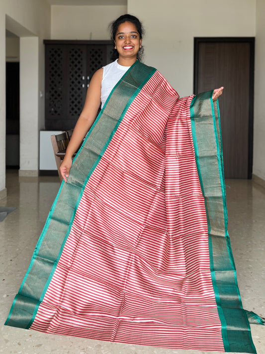 Red and Green Tussar Silk Saree with Prints