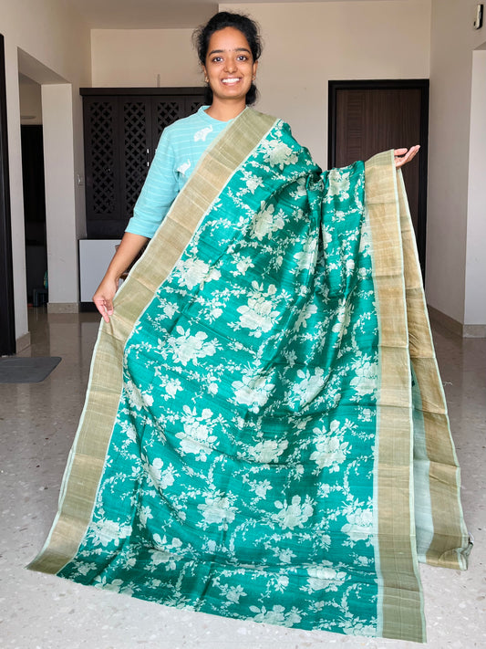 Dark Green and Mint Green Tussar Silk Saree with Prints