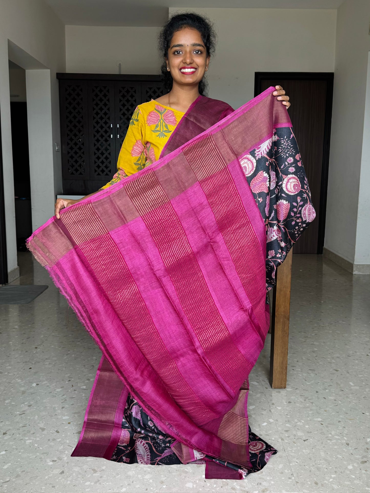 Black and Pink Tussar Silk Saree with Prints