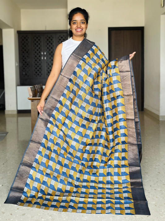 Yellow and Grey Tussar Silk Saree with Prints