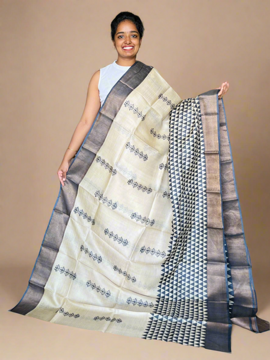 Cream and Black Tussar Silk Saree with Prints