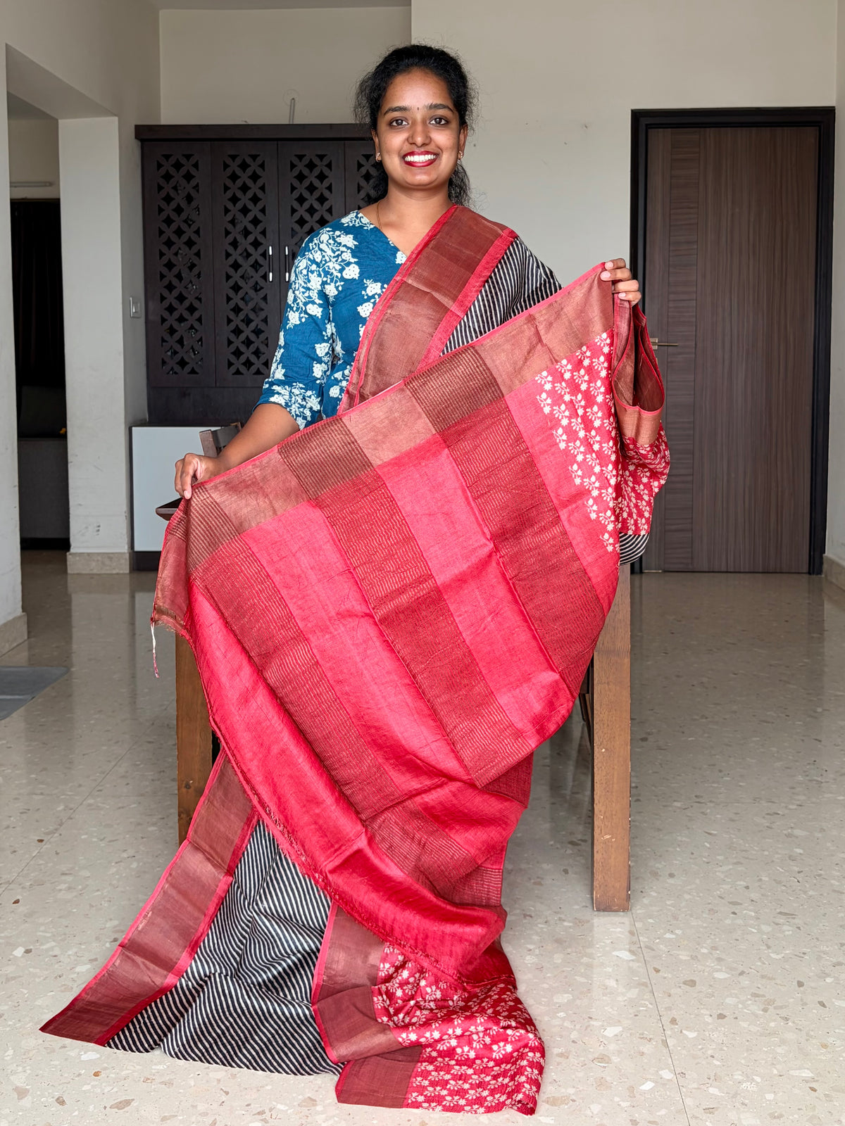 Black and Red Tussar Silk Saree with Prints