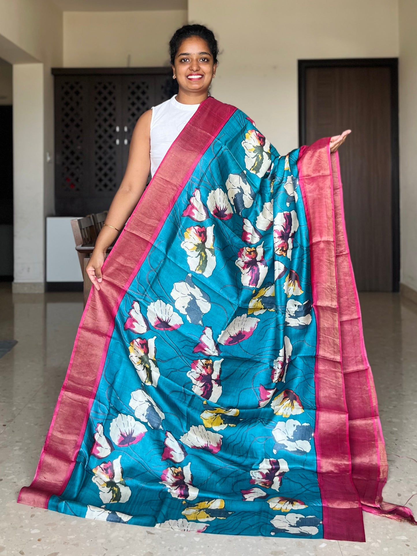 Teal and Red Tussar Silk Saree with Prints