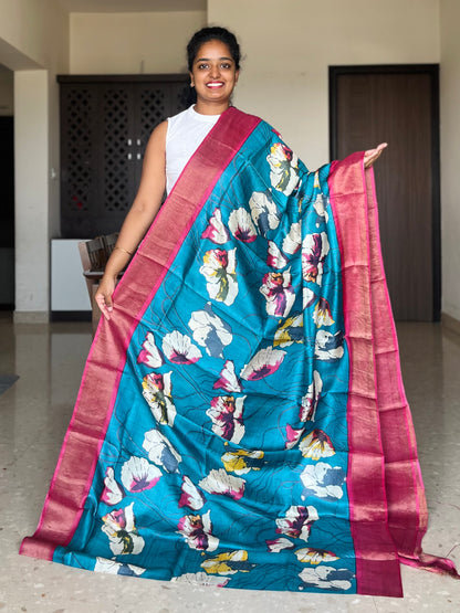 Teal and Red Tussar Silk Saree with Prints