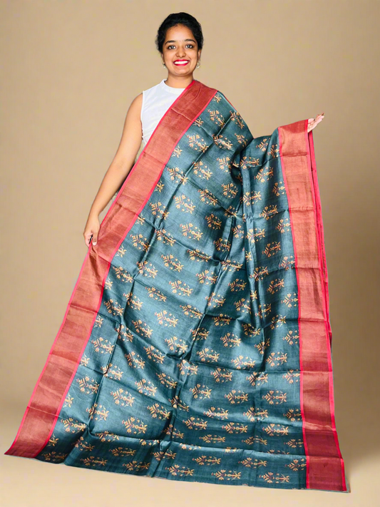 Green and Red Tussar Silk Saree with Prints