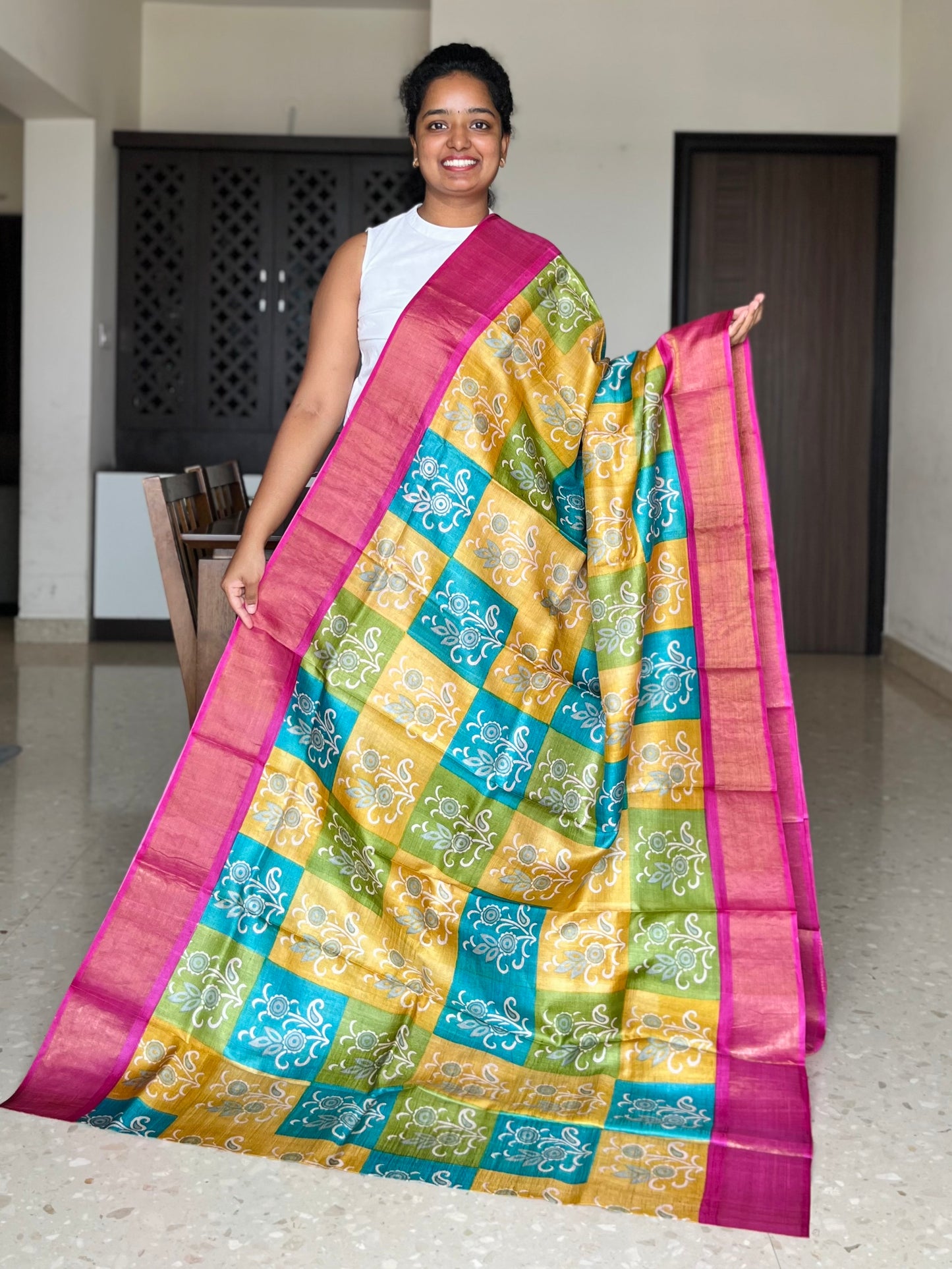 Yellow and Pink Tussar Silk Saree with Prints