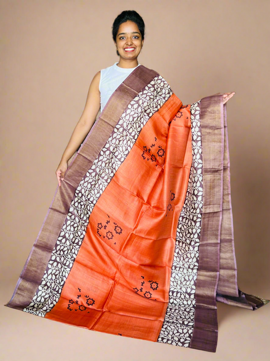 Orange and Brown Tussar Silk Saree with Prints
