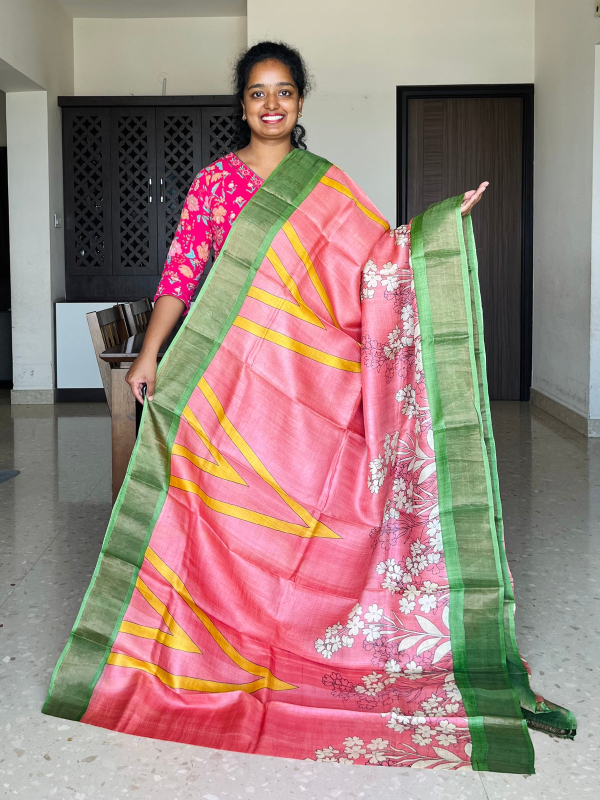 Peach and Green Tussar Silk Saree with Prints