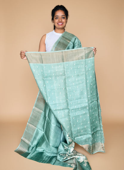 Olive Green Tussar Silk Saree with Prints