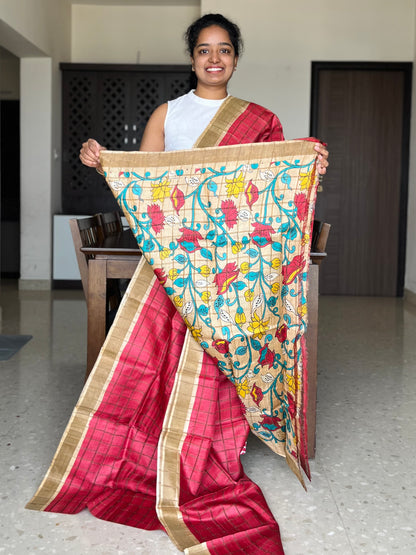Red and Cream Tussar Silk Saree with Prints