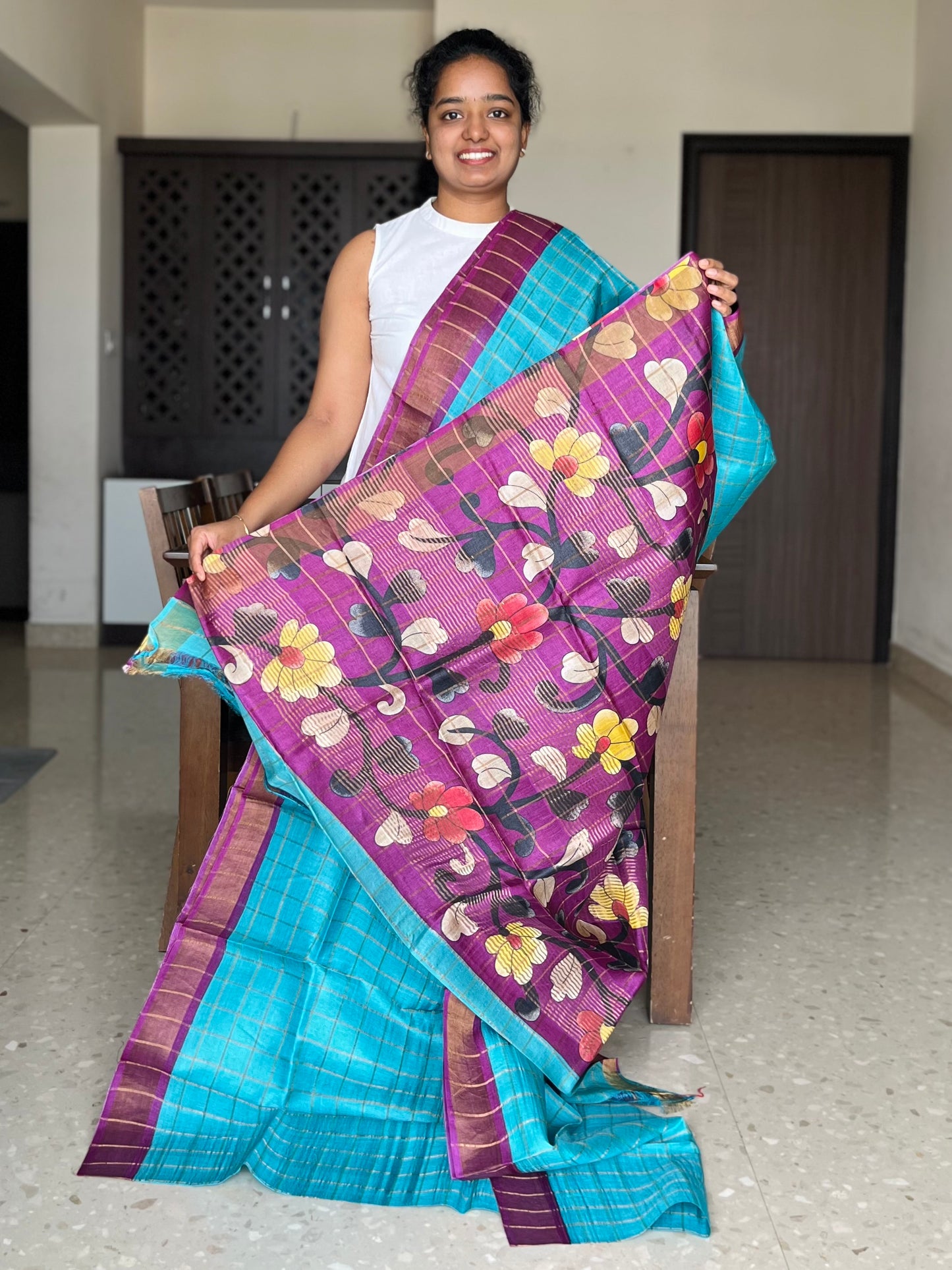 Blue and Purple Tussar Silk Saree with Prints
