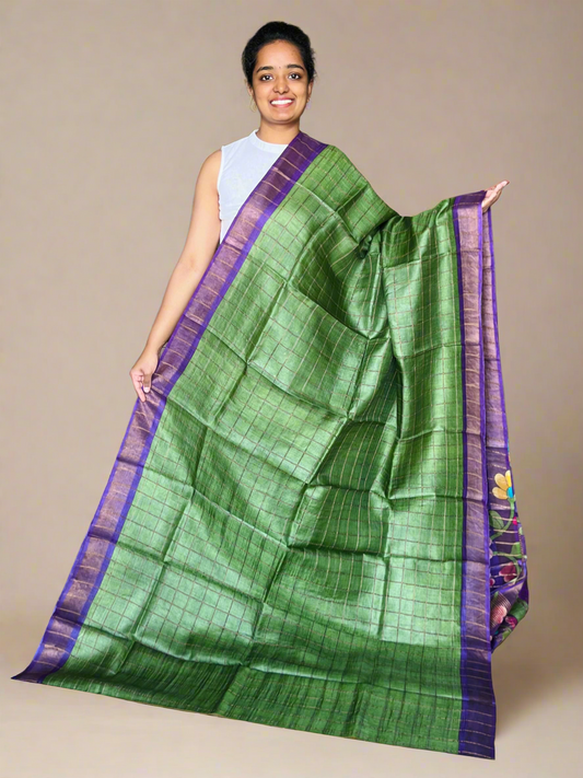 Green and Violet Tussar Silk Saree with Prints
