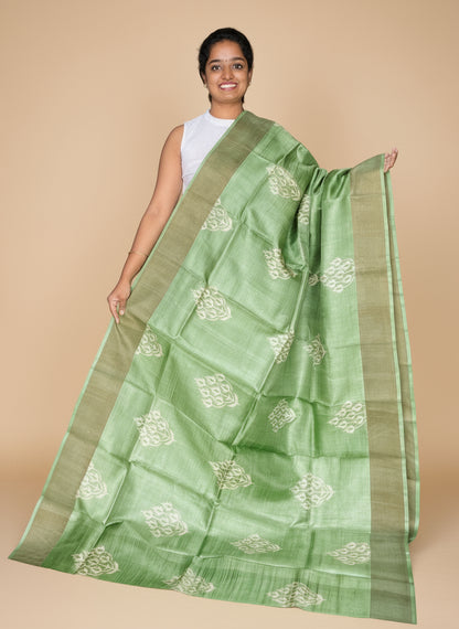 Green Tussar Silk Saree with Prints