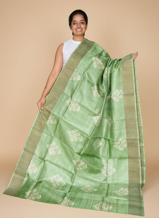 Green Tussar Silk Saree with Prints