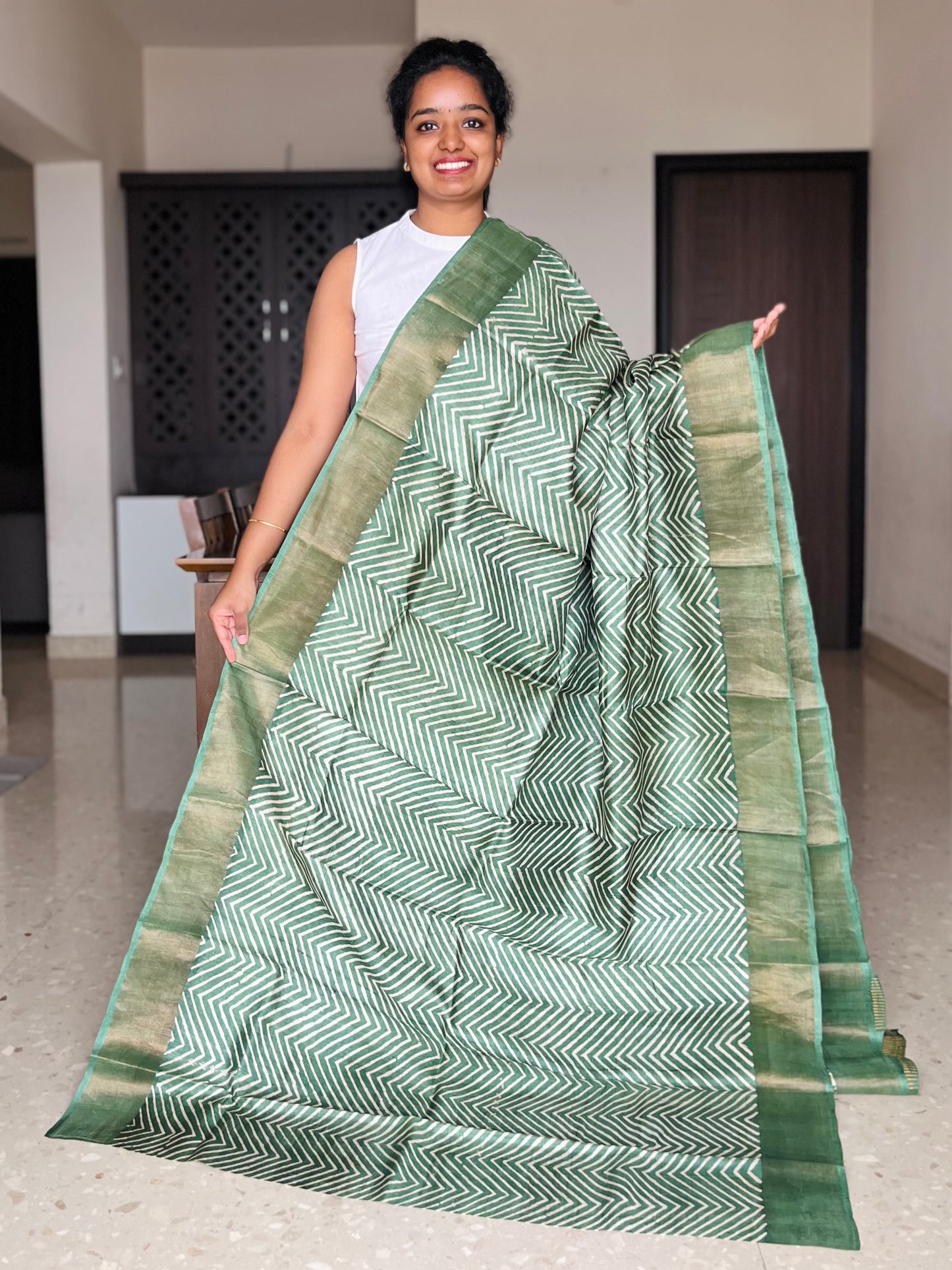 Green Tussar Silk Saree with Prints