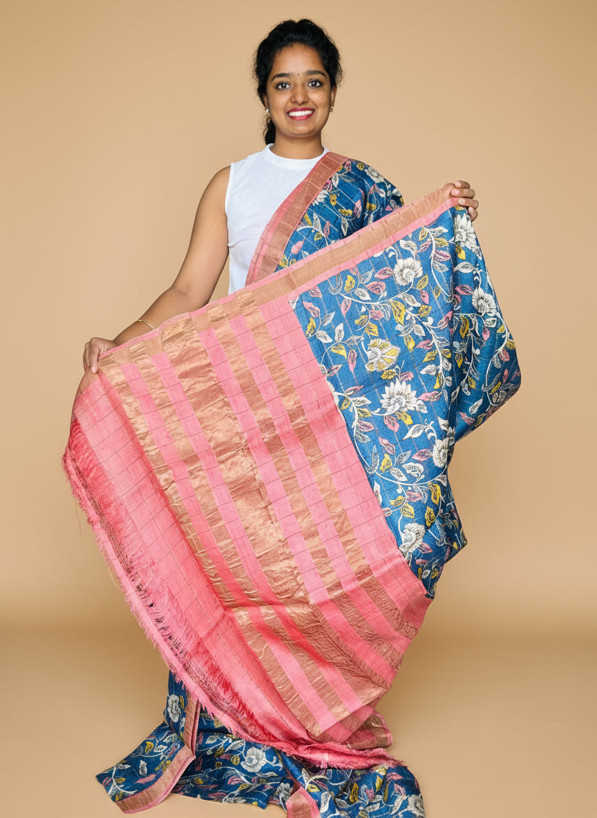 Blue and Peach Tussar Silk Saree with Prints