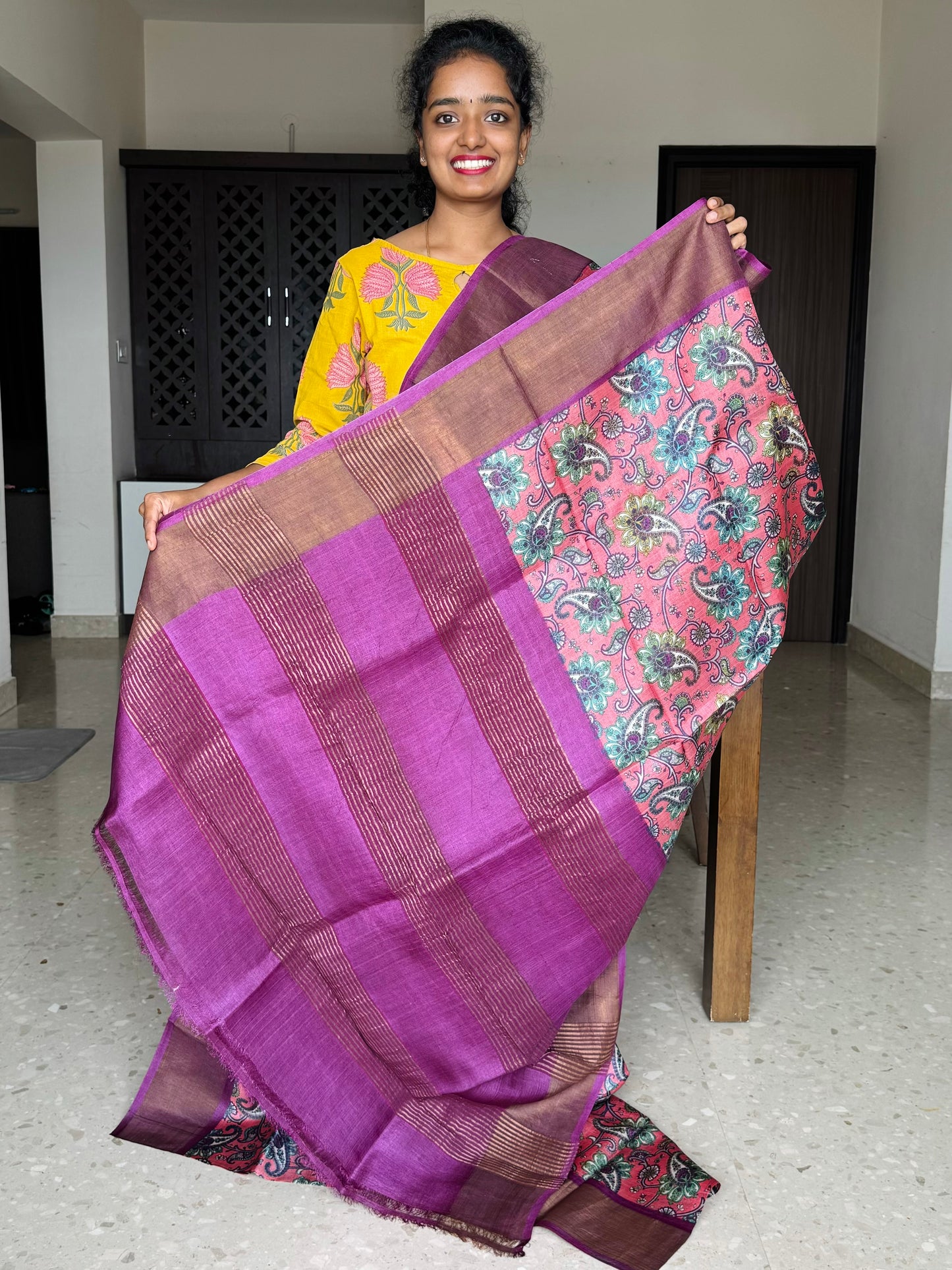 Pink and Purple Tussar Silk Saree with Prints