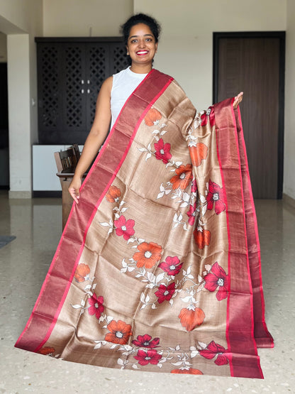 Chickoo Brown Tussar Silk Saree with Prints