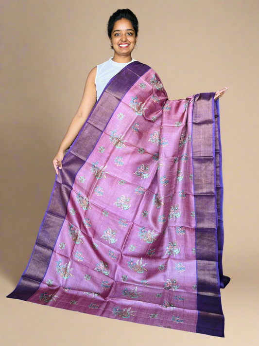 Lavender and Violet Tussar Silk Saree with Prints
