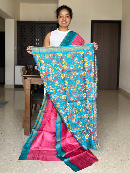 Pink and Blue Tussar Silk Saree with Prints