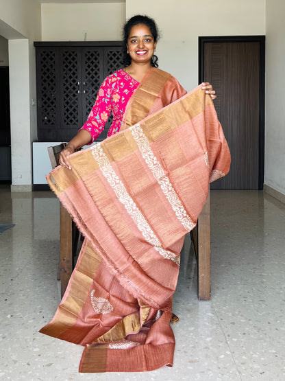 Rust Orange Tussar Silk Saree with Prints