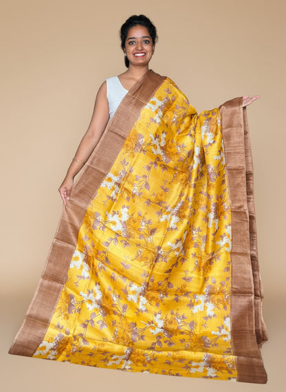 Yellow and Gold Tussar Silk Saree with Prints