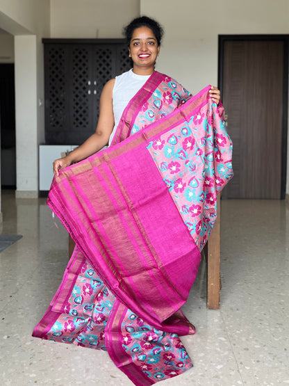 Pink and Magenta Tussar Silk Saree with Prints
