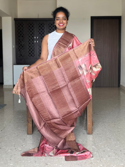 Pink and Brown Tussar Silk Saree with Prints