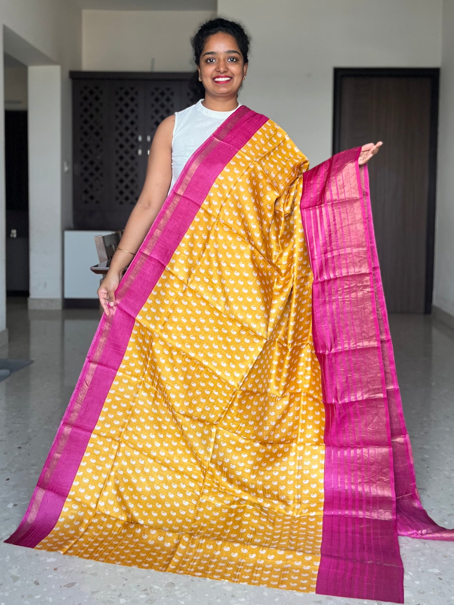 Yellow and Magenta Tussar Silk Saree with Prints