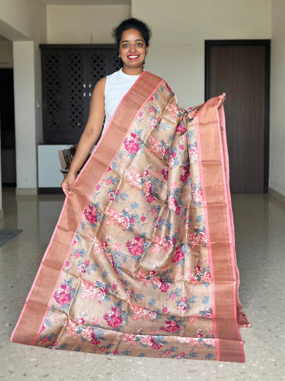 Peach Tussar Silk Saree with Prints