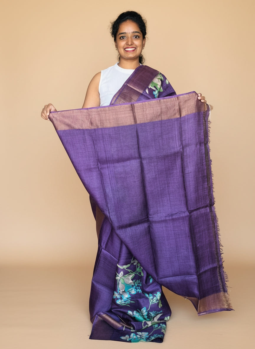 Violet Tussar Silk Saree with Prints