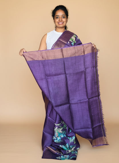 Violet Tussar Silk Saree with Prints