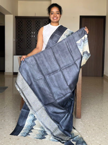 Cream and Grey Tussar Silk Saree with Prints
