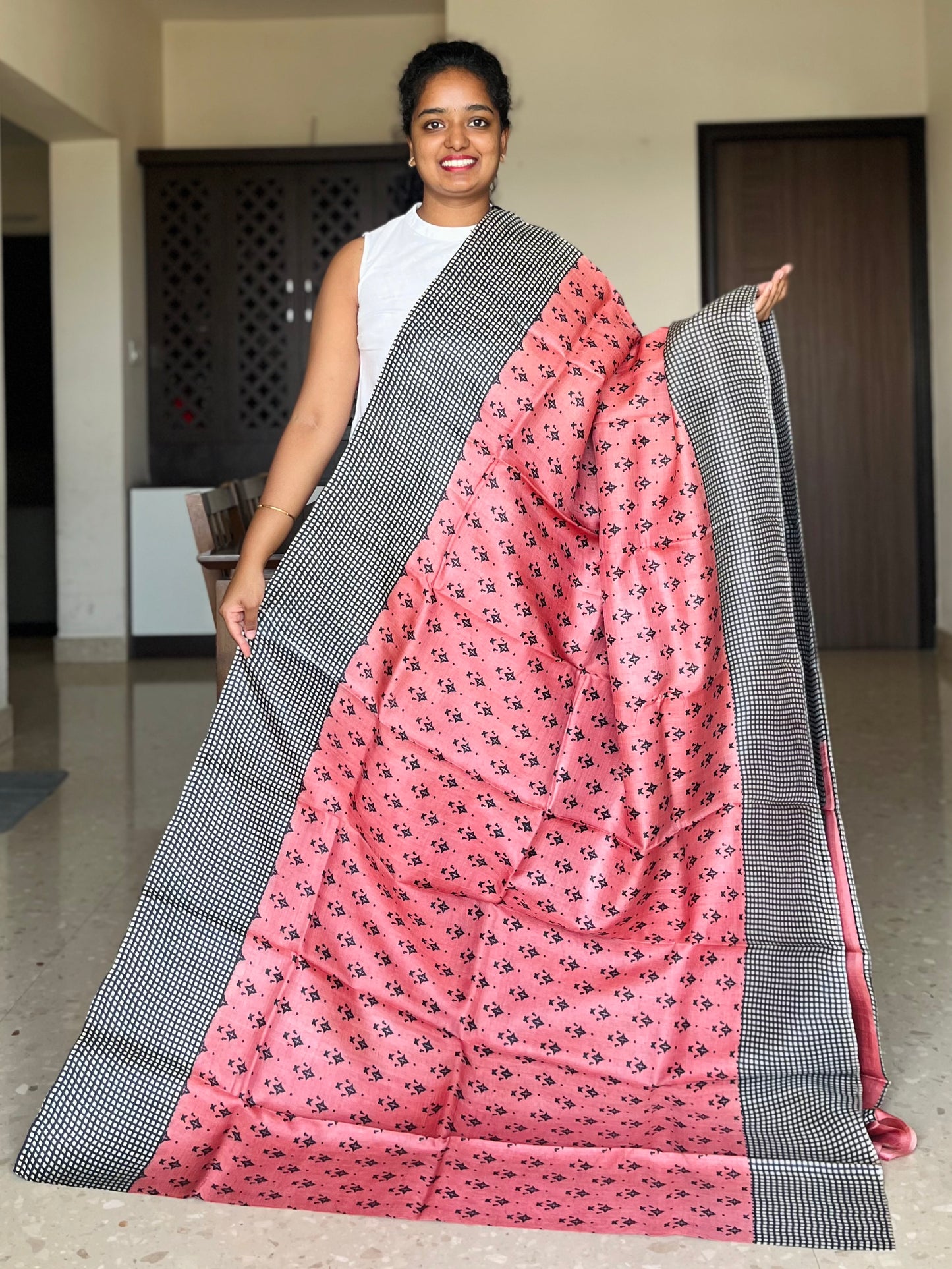 Pink Tussar Silk Saree with Prints