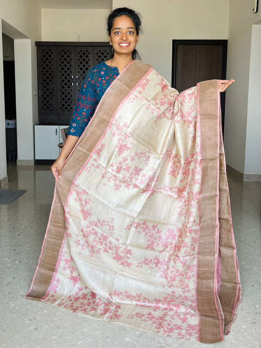 Cream and Pastel Pink Tussar Silk Saree with Prints
