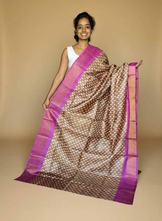Brown and Pink Tussar Silk Saree with Prints