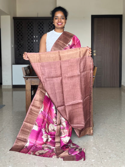Pink and Brown Tussar Silk Saree with Prints