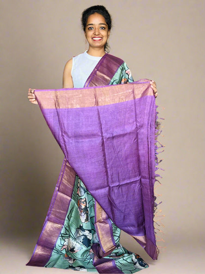 Olive Green and Violet Tussar Silk Saree with Prints