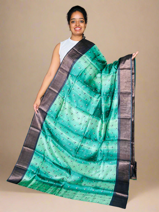 Green and Black Tussar Silk Saree with Prints