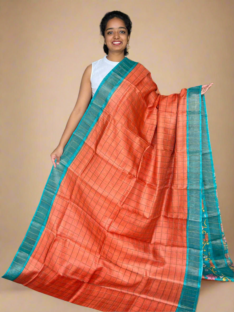 Orange and Rama Green Tussar Silk Saree with Prints