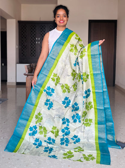 Cream, Blue and Green Tussar Silk Saree with Prints