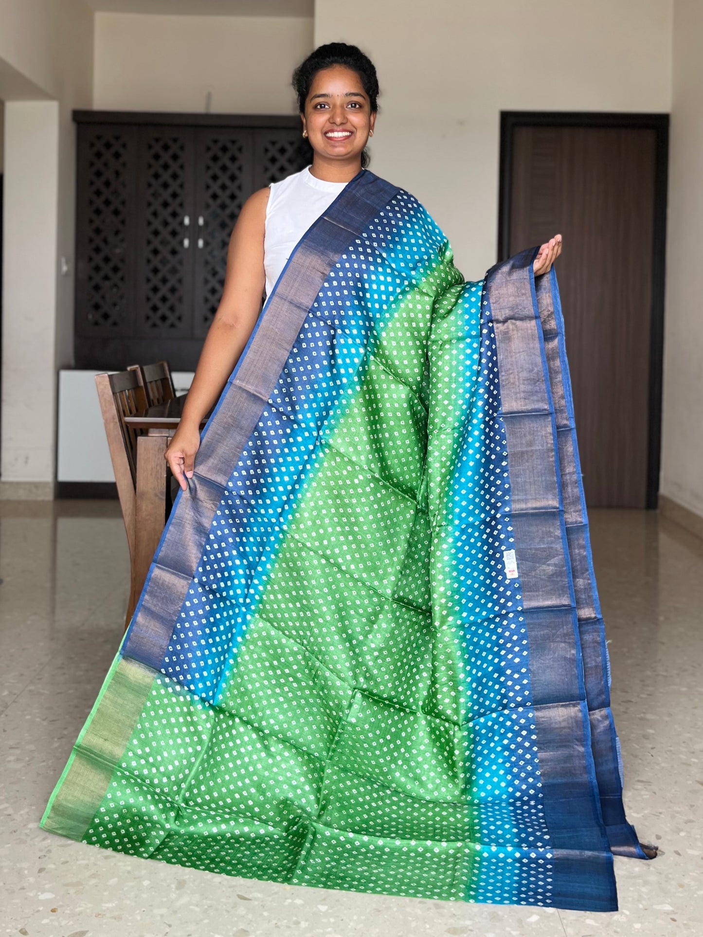 Green and Blue Tussar Silk Saree with Prints