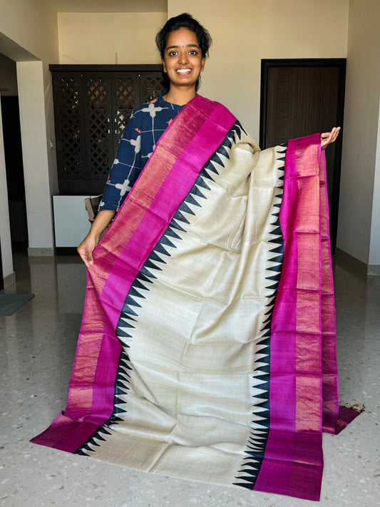 Cream and Rani Pink Tussar Silk Saree with Prints