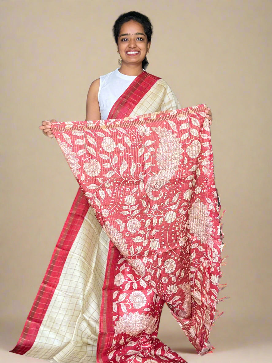 Cream and Red Tussar Silk Saree with Prints