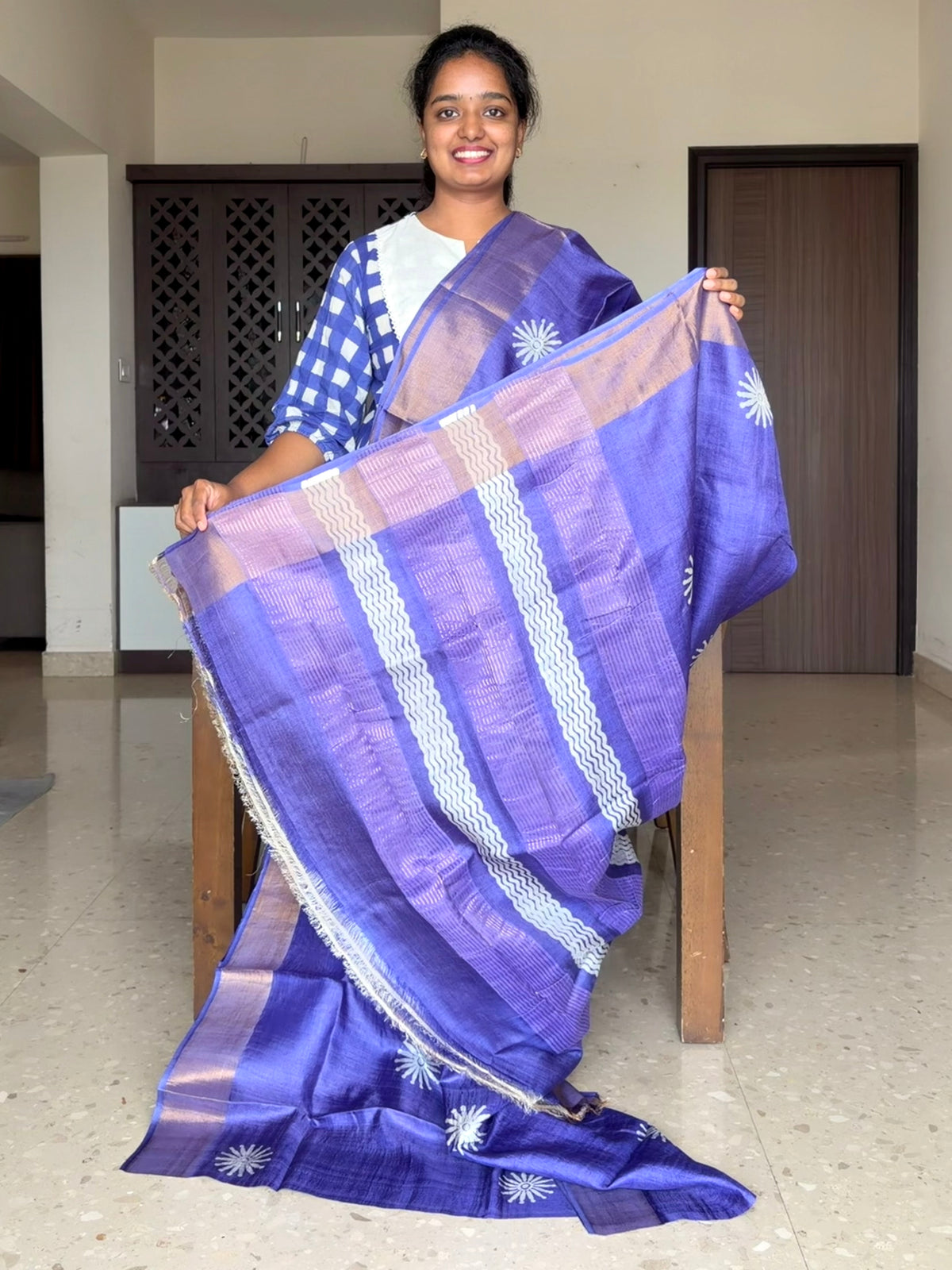 Violet Tussar Silk Saree with Prints