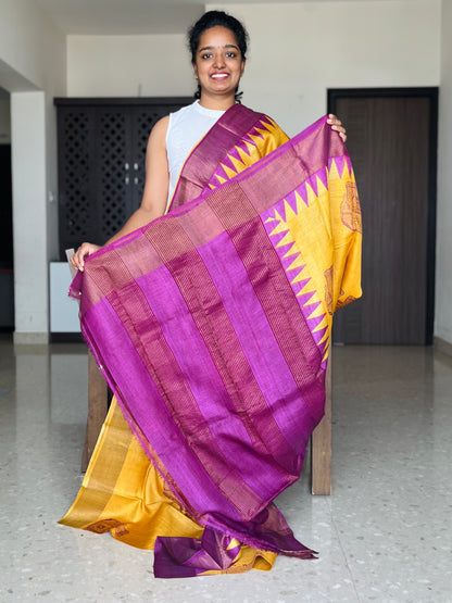 Yellow and Purple Tussar Silk Saree with Prints