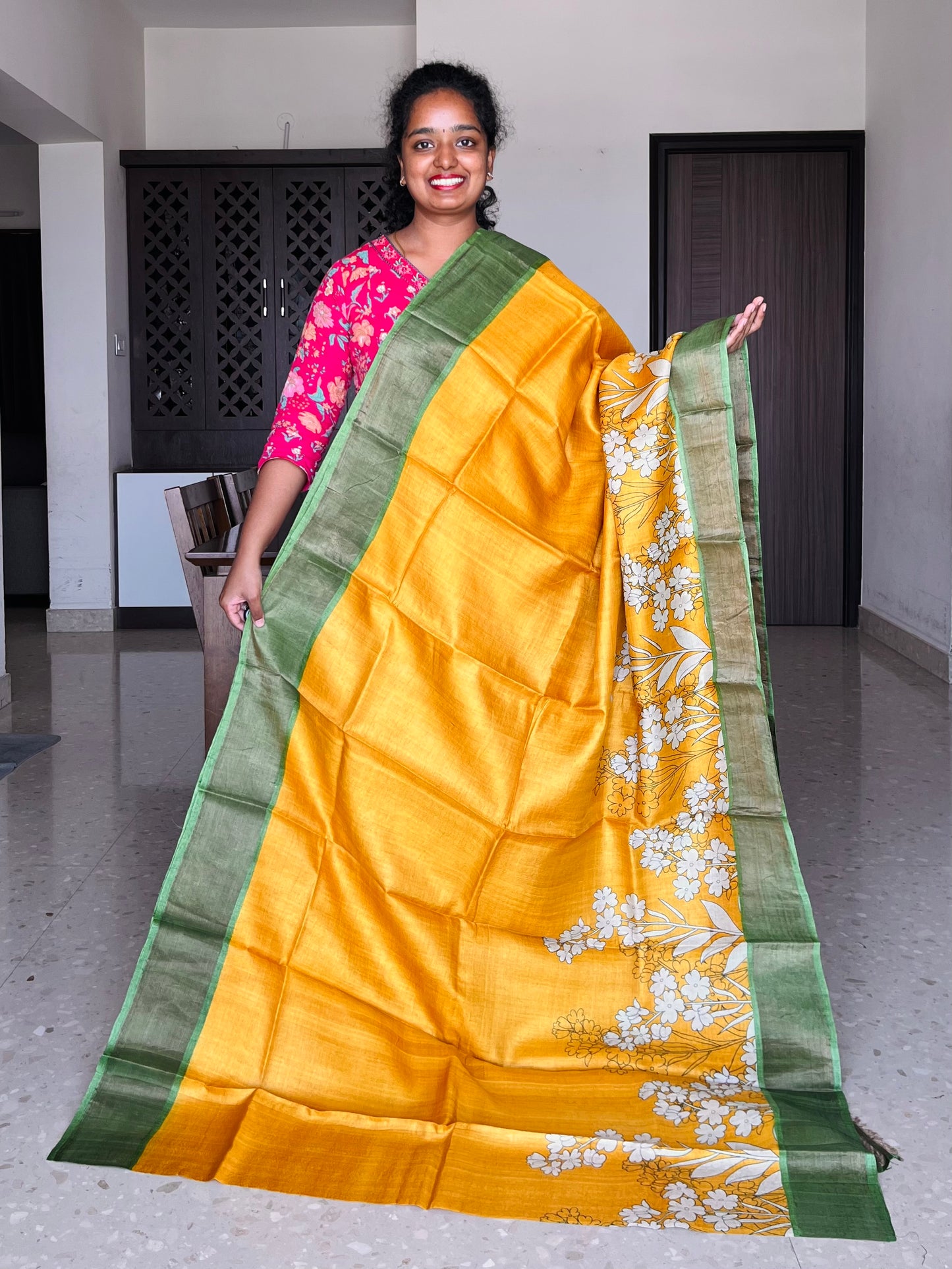 Yellow and Green Tussar Silk Saree with Prints