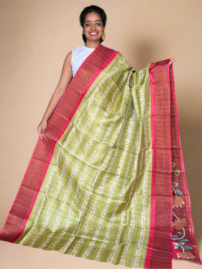 Green and Red Tussar Silk Saree with Prints