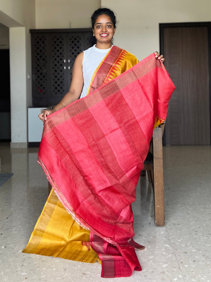 Yellow and Red Tussar Silk Saree with Prints